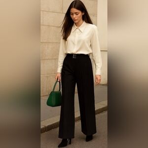MULBERRY🐞Black Striped Pleated Wool Blend Relaxed Fit High Rise Trousers Sz: 14